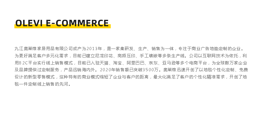 九江奧萊維家居用品有限公司成立于2013年，是一家集硏發、生產、銷售為一體，專注于商業廣告地墊定制的企業。 為更好滿足客戶多元化需求，目前已建立尼龍印花、高頻壓印、手工鑲嵌等多條生產線。公司以互聯網技術為依托，利 用B2C平臺實行線上銷售模式，目前已入駐天貓、淘寶、阿里巴巴、京東、亞馬遜等多個電商平臺，為全球數萬家企業 及品牌提供過定制服務，產品遠銷海內外。2020年銷售額已突破3500萬。奧萊維迅速開創了以地毯個性化定制、免費 設計的新型零售模式，這種特有的商業模式縮短了企業與客戶的距離，最大化滿足了客戶的個性化精準需求，開創了地 墊一件定制線上銷售的先河。